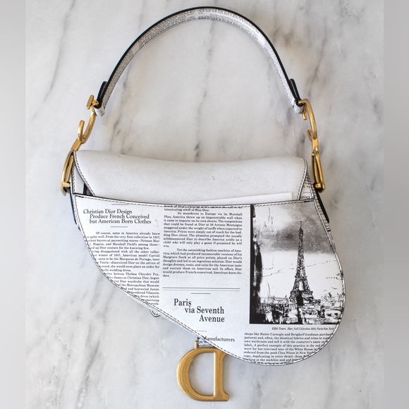 Rare Christian Dior 2024 Newspaper Print White Black Calfskin Saddle Bag - Picture 4 of 16